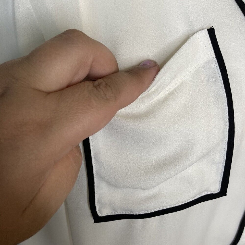 Express The Portofino Shirt Medium Ivory Black Piping Button Up Blouse Top - Picture 7 of 12